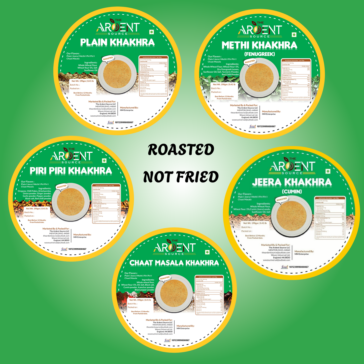 Khakhra by Ardent Source - Plain, Methi (Fenugreek), Jeera (Cumin), Piri Piri, Chaat Masala | Wholesome Indian Snacks, 100% Natural, Diet-Friendly Delight (200g Each)