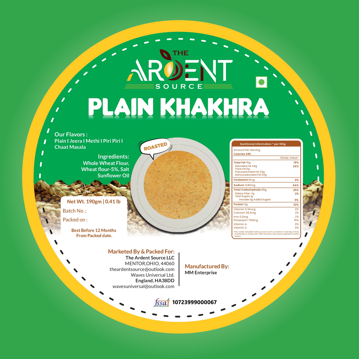 Khakhra by Ardent Source - Plain, Methi (Fenugreek), Jeera (Cumin), Piri Piri, Chaat Masala | Wholesome Indian Snacks, 100% Natural, Diet-Friendly Delight (200g Each)