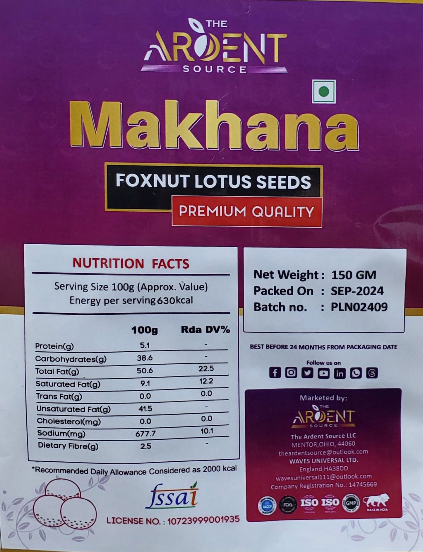 Raw Makhana | Fox Nut Lotus Seed Puffed | 150g | Gluten Free | Anti-Oxidants | MSG Free | Zero Trans Fat | No Added Preservatives and No Artificial Flavours 150g