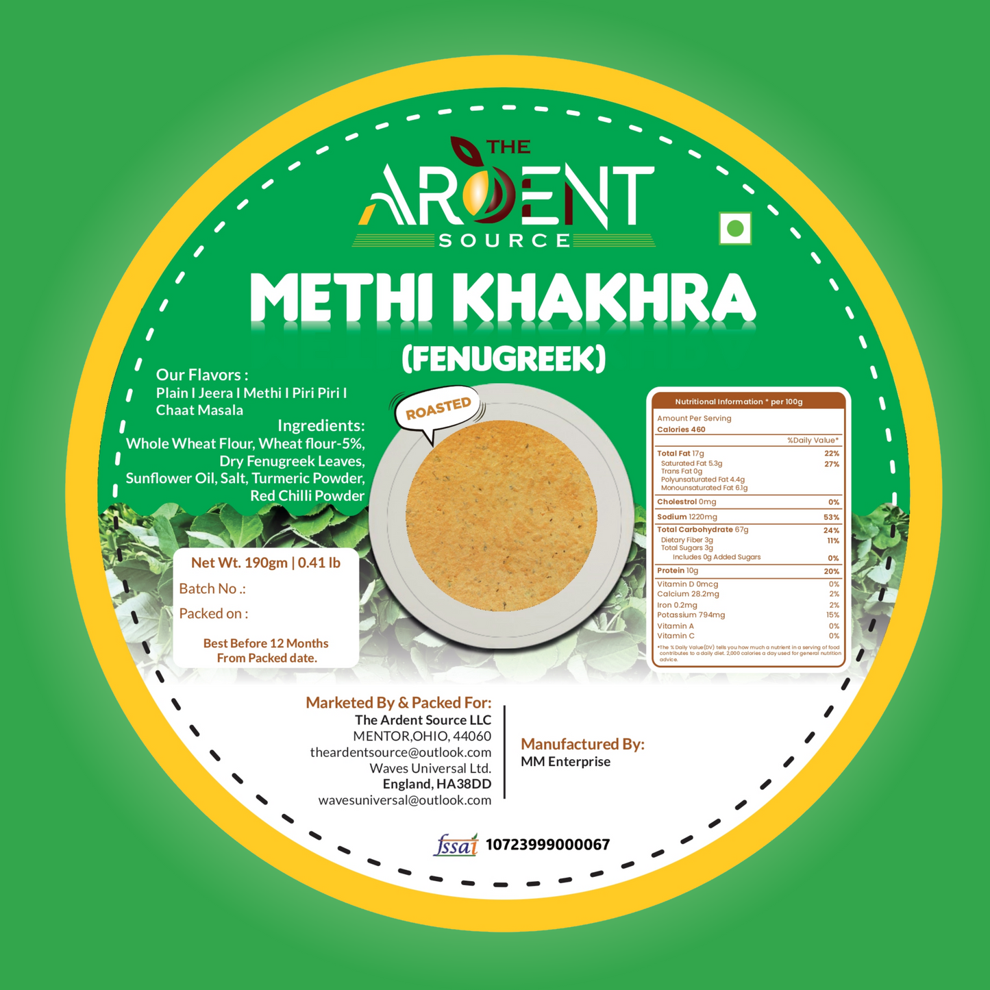 Khakhra by Ardent Source - Plain, Methi (Fenugreek), Jeera (Cumin), Piri Piri, Chaat Masala | Wholesome Indian Snacks, 100% Natural, Diet-Friendly Delight (200g Each)