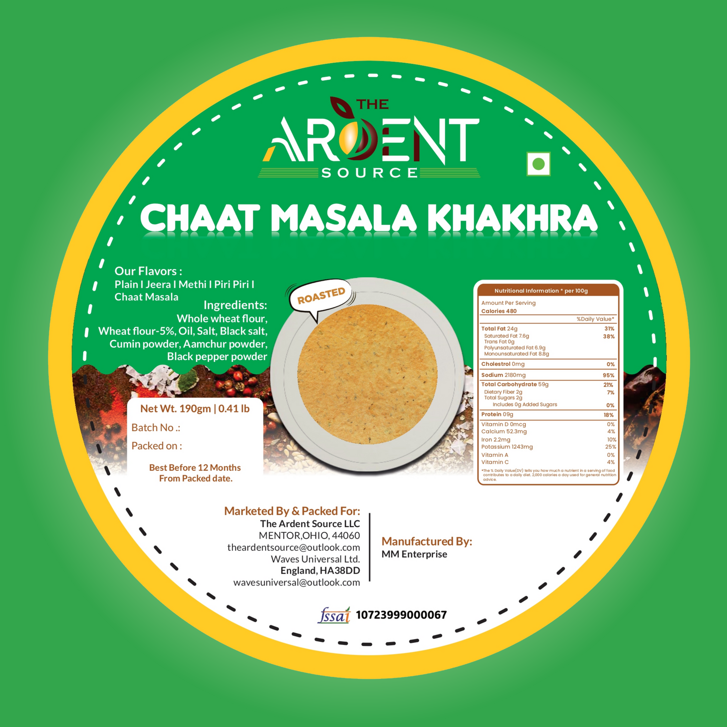 Khakhra by Ardent Source - Plain, Methi (Fenugreek), Jeera (Cumin), Piri Piri, Chaat Masala | Wholesome Indian Snacks, 100% Natural, Diet-Friendly Delight (200g Each)