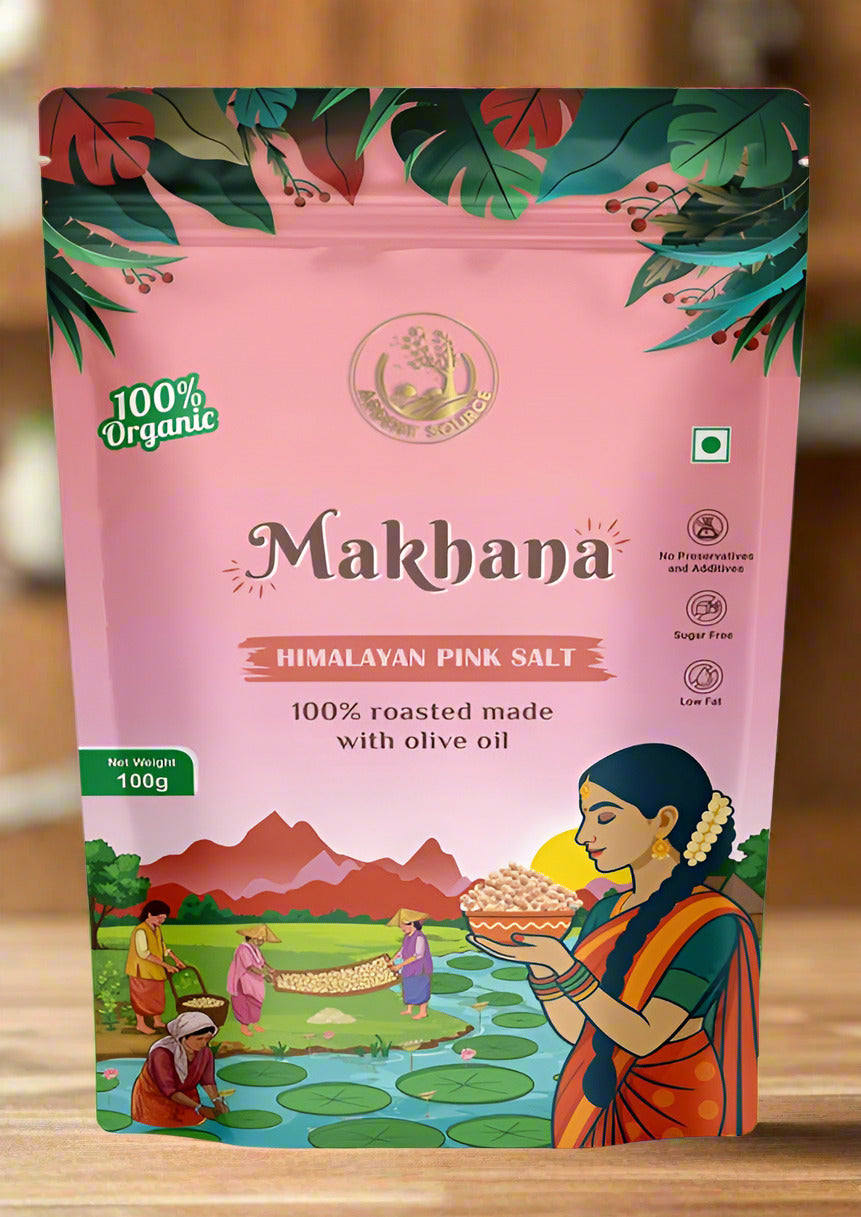 Makhana Himalayan Pink Salt packaging with a pink background and colorful illustrations.