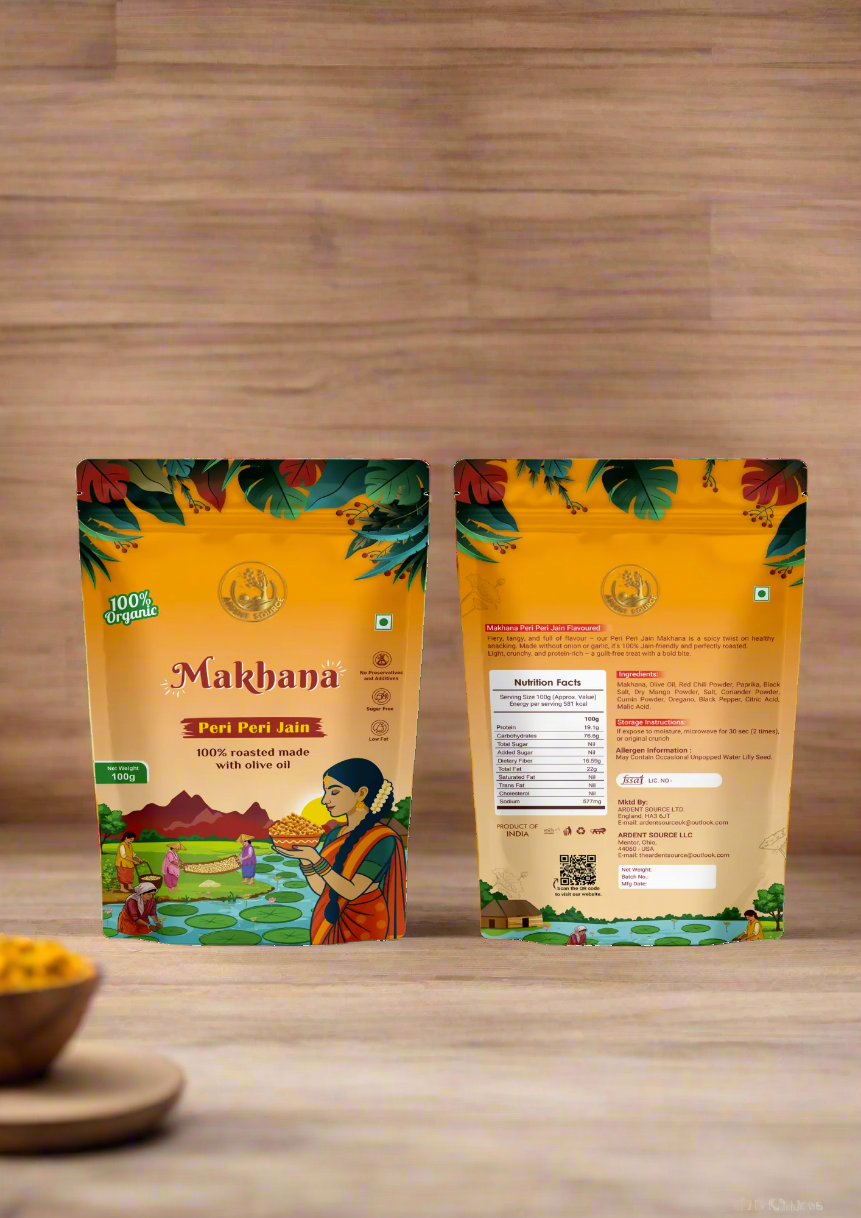Makhana packaging with front and back views on a white background