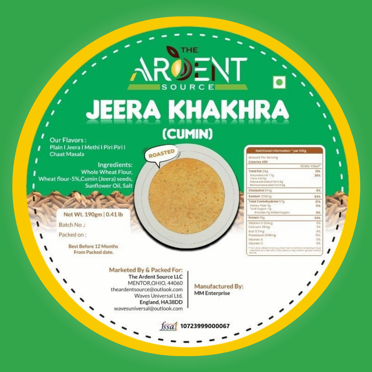 Khakhra by Ardent Source - Plain, Methi (Fenugreek), Jeera (Cumin), Piri Piri, Chaat Masala | Wholesome Indian Snacks, 100% Natural, Diet-Friendly Delight (200g Each)