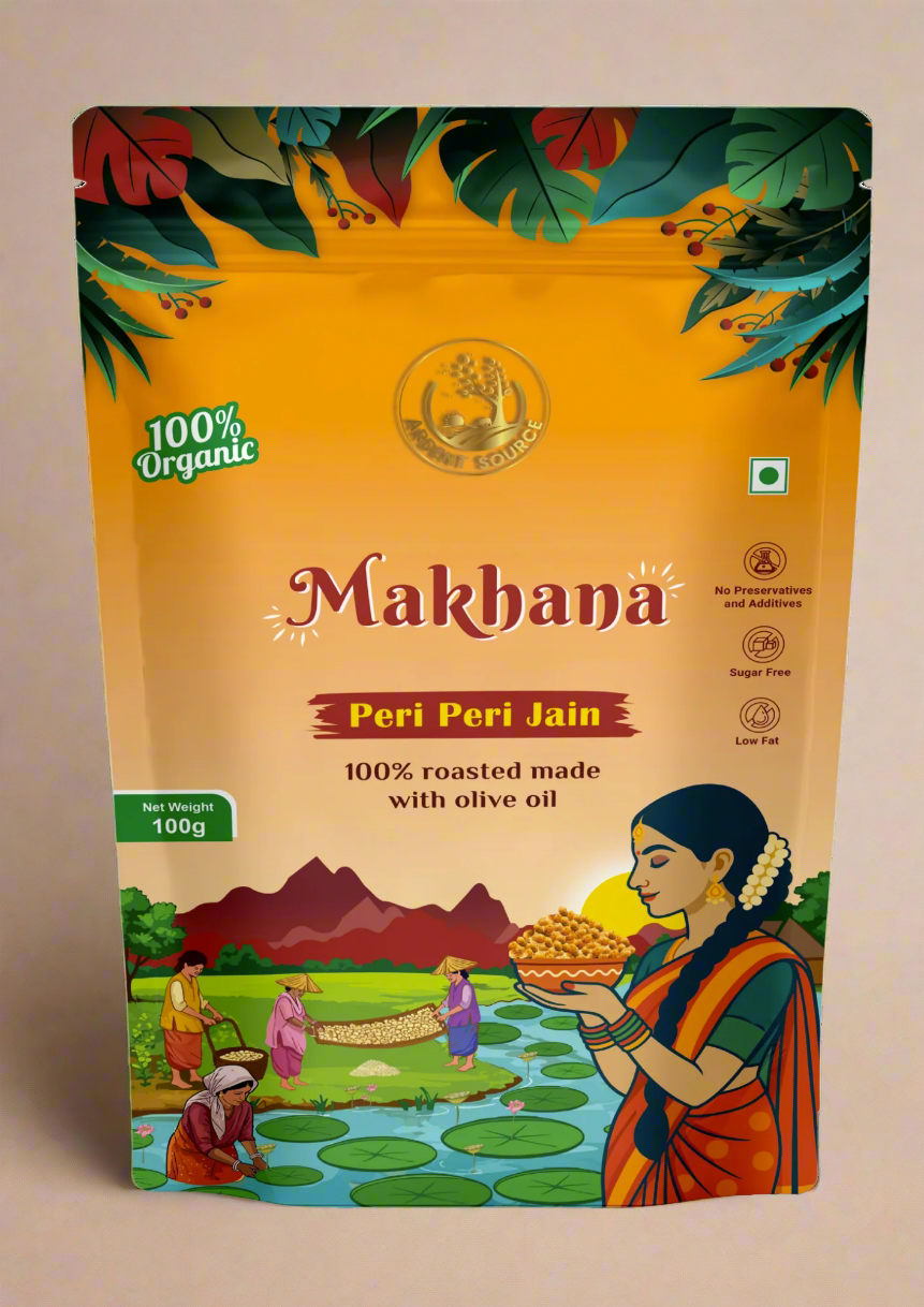 Makhana packaging with a woman holding a bowl of food and nature-themed design.