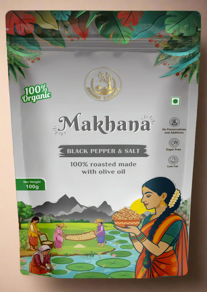 Makhana Black Pepper & Salt packaging with a grey background and colorful illustrations.