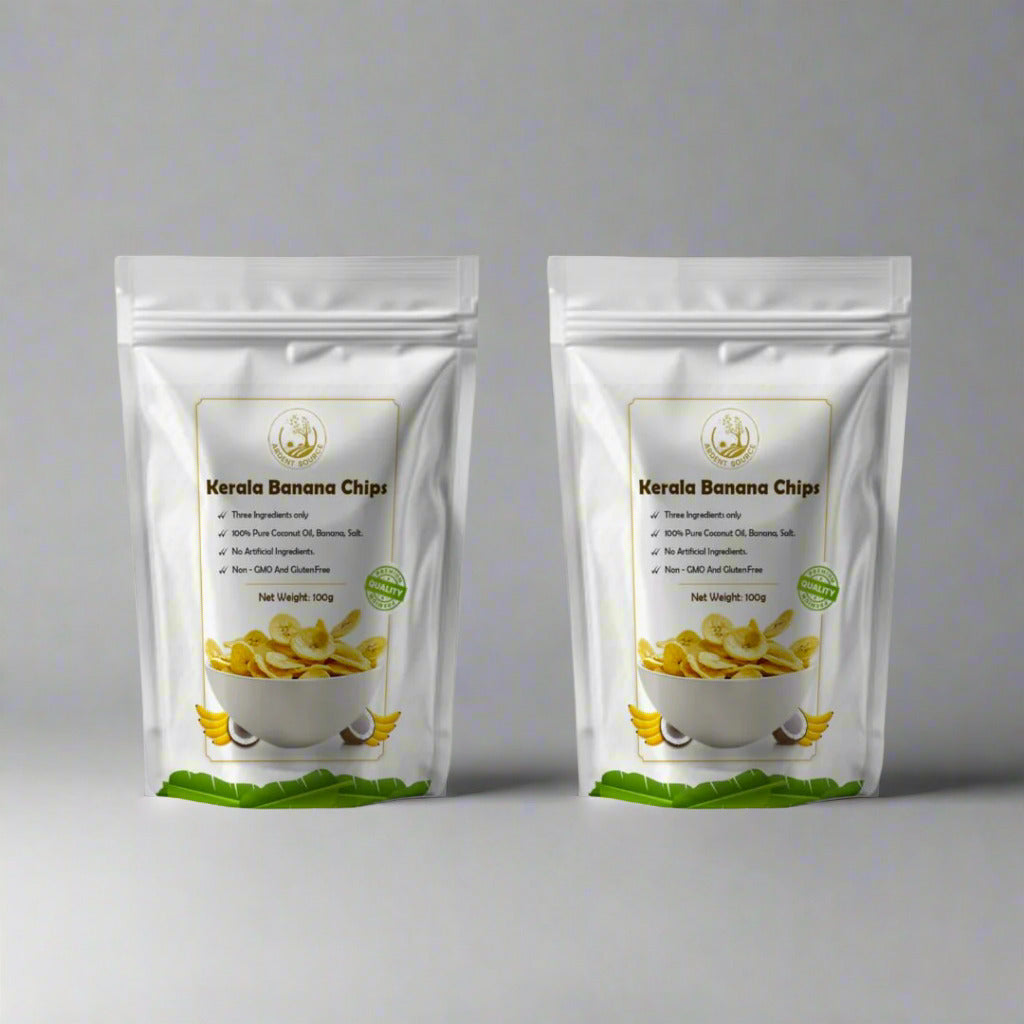 Two packages of Kerala Banana Chips on a white background