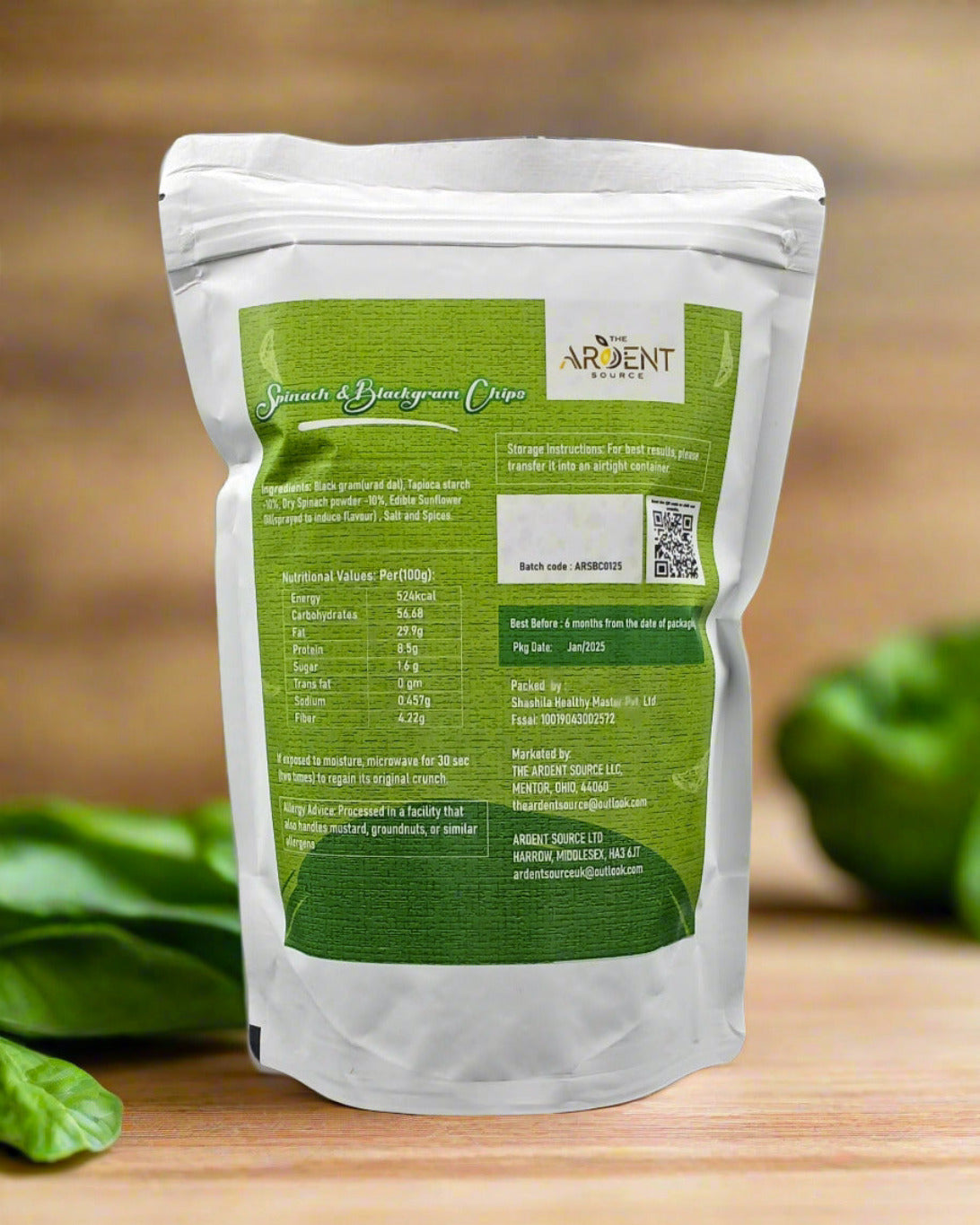 Baked Spinach & Black-gram Chips by Ardent Source | All Natural Ingredients | Rich in Fiber & Calcium | Low in Sodium | Gluten-Free | Vacuum Cooked | Oil-Free