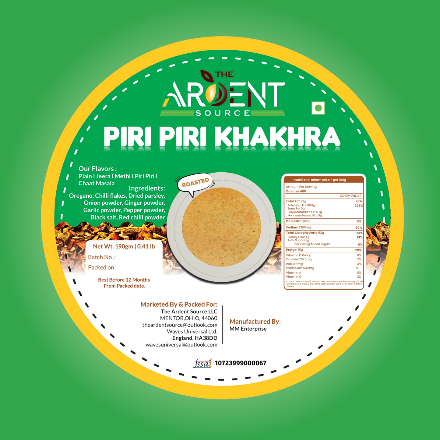 Khakhra By Ardent Source - Plain, Methi (Fenugreek), Jeera (Cumin), Piri Piri, Chaat Masala | Wholesome Indian Snacks, 100% Natural, Diet-Friendly Delight (Pack Of 2, 200g Each)