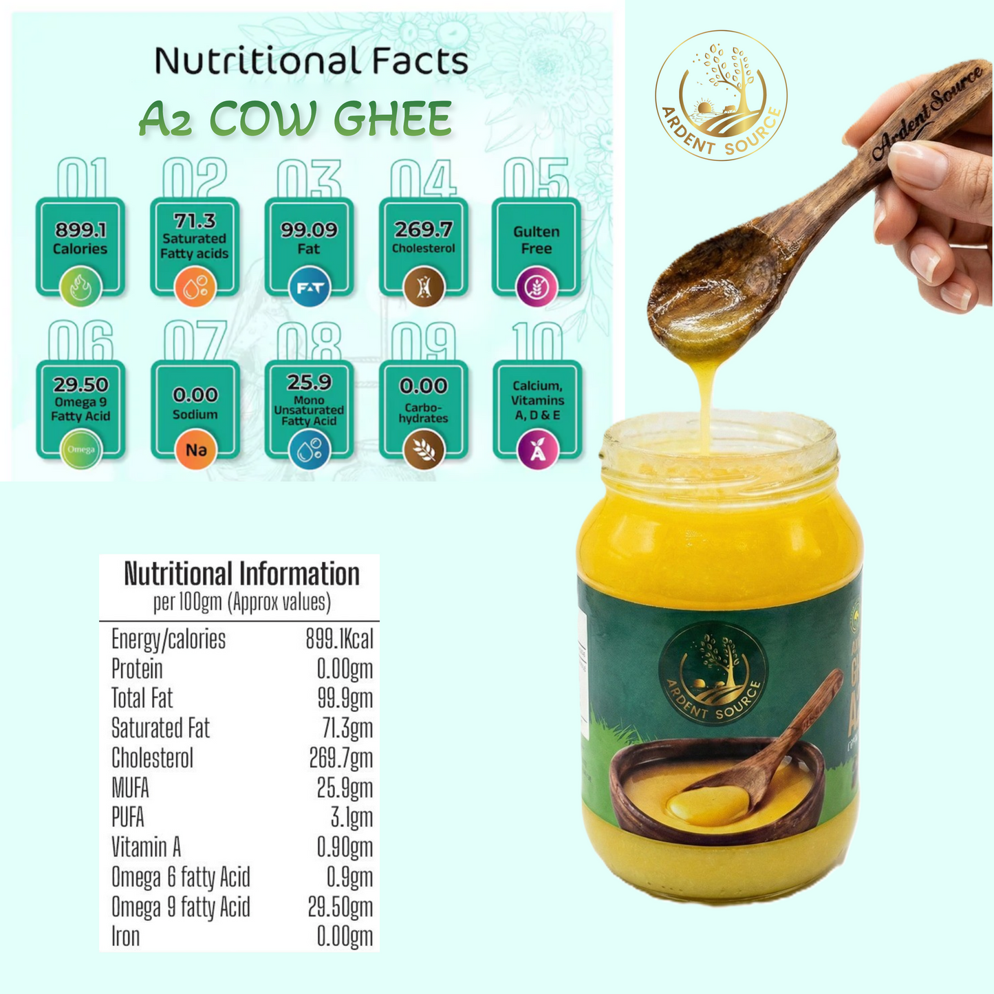 A2 Gir Cow Ghee,100% Natural Desi Ghee, Bilona Churned Traditional Clarified Butter for Indian Cooking & Sweets