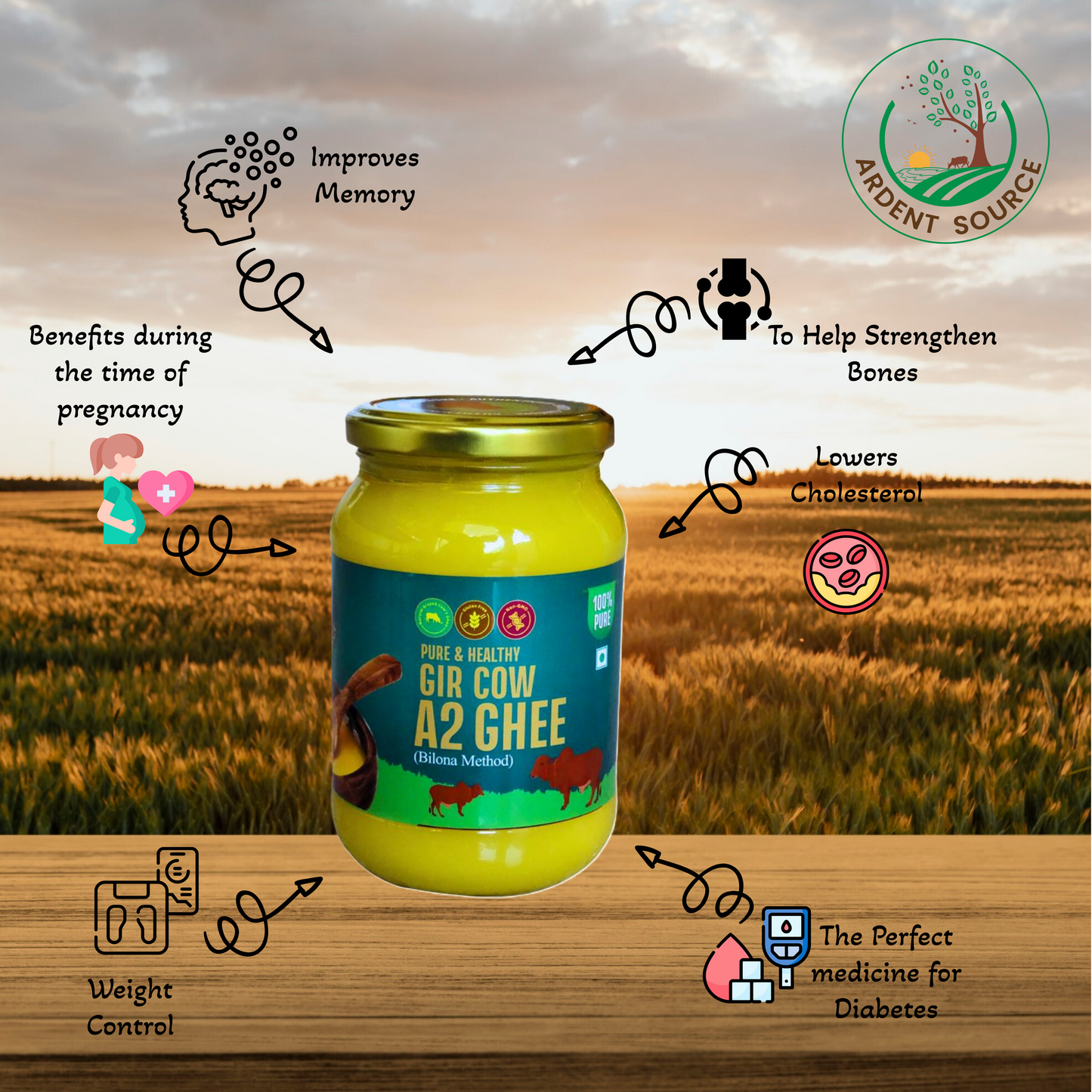 A2 Gir Cow Ghee,100% Natural Desi Ghee, Bilona Churned Traditional Clarified Butter for Indian Cooking & Sweets