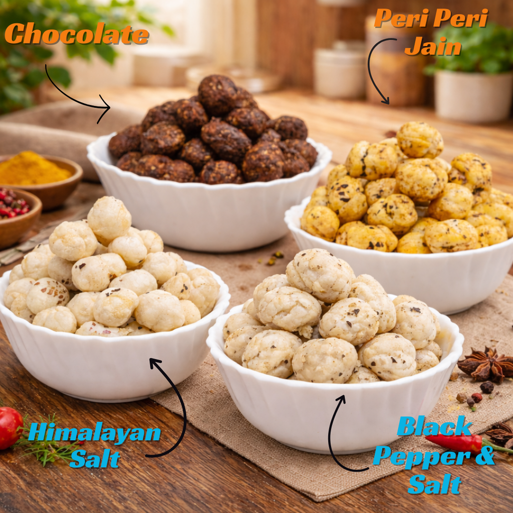 Makhana (Fox Nuts) Variety Pack,Healthy Party Snacks, Namkeen Flavour for Lotus Seeds Phool Makhana and Puffed Kernels, Tasty & Nutritious, Pack Of 4 | 400gm