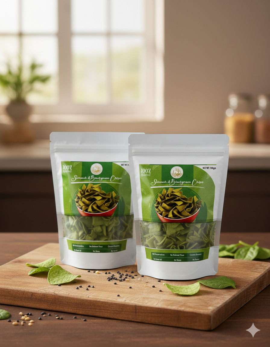 Baked Spinach & Black-gram Chips (Crisps), All Natural Ingredients,Rich in Fiber & Calcium,Low in Sodium, Gluten-Free,Vacuum Cooked,Oil-Free