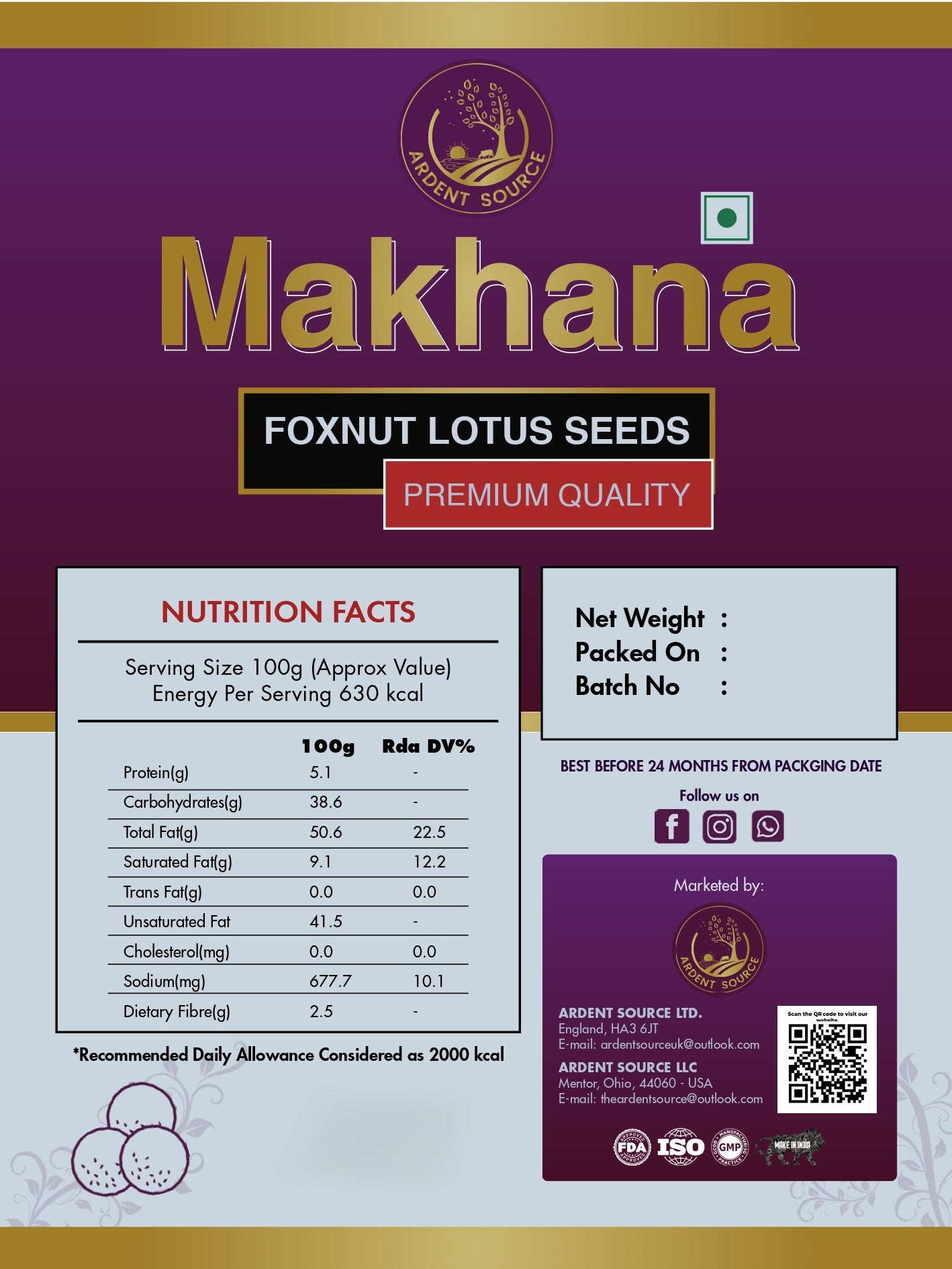 Raw Makhana,Fox Nut Lotus Seed Puffed, Gluten Free, Anti-Oxidants, MSG Free, Zero Trans Fat, No Added Preservatives and No Artificial Flavours