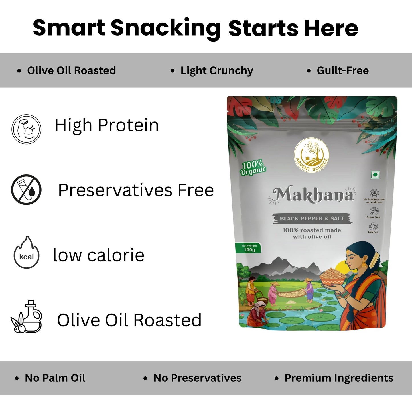 Roasted Makhana (Fox Nuts) - Healthy Snacks, Low-Calorie, High-Protein Makhana Snacks, Gluten-Free Makhana: Natural Superfood Snack | 100gm