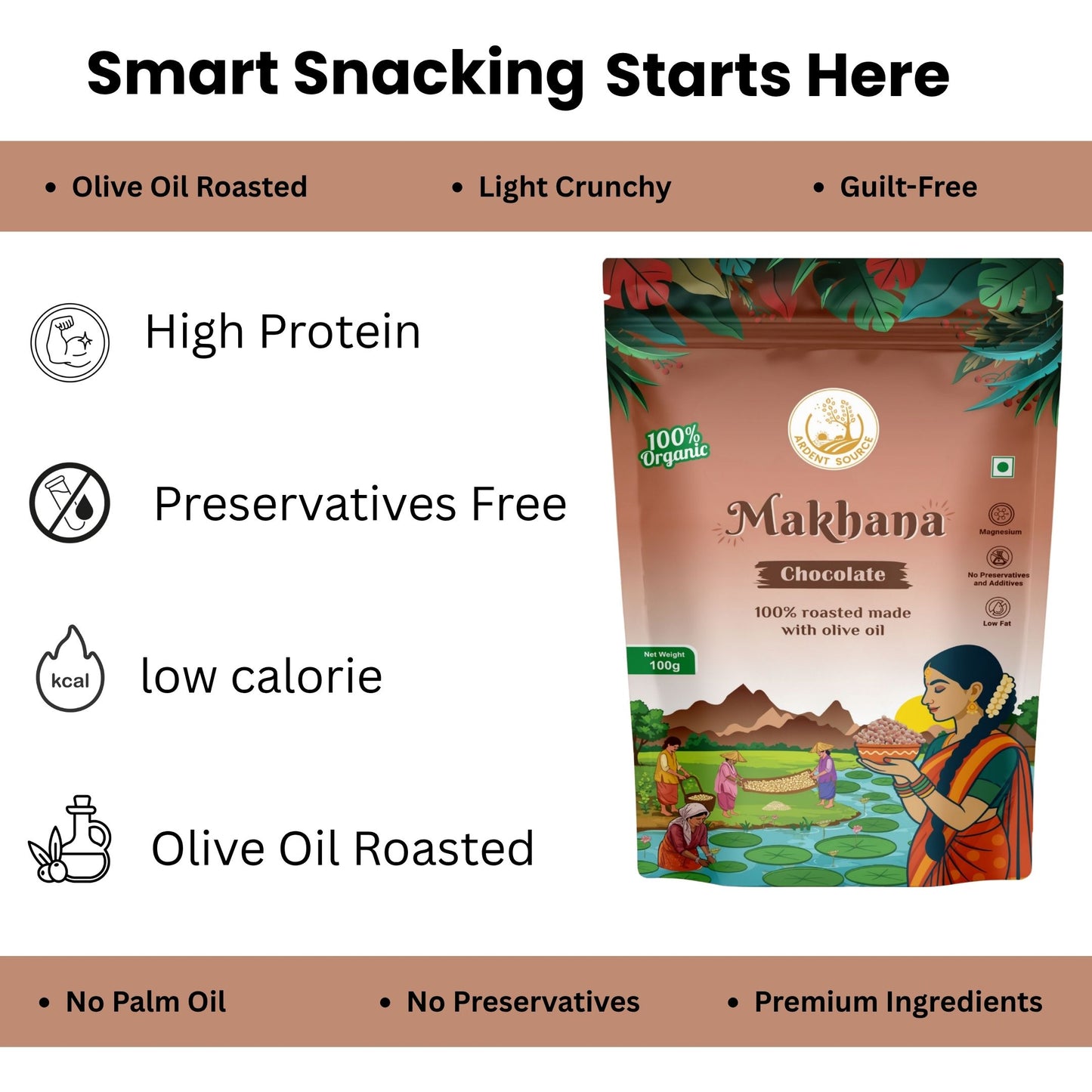 Roasted Makhana (Fox Nuts) - Healthy Snacks, Low-Calorie, High-Protein Makhana Snacks, Gluten-Free Makhana: Natural Superfood Snack | 100gm