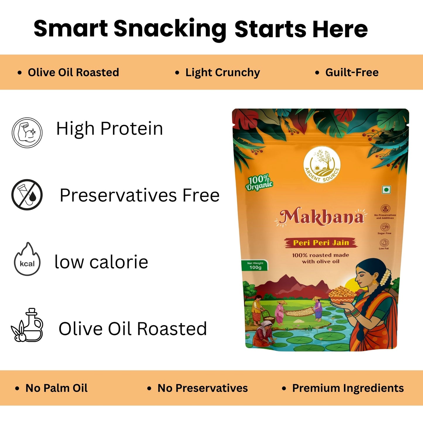 Roasted Makhana (Fox Nuts) - Healthy Snacks, Low-Calorie, High-Protein Makhana Snacks, Gluten-Free Makhana: Natural Superfood Snack | 100gm