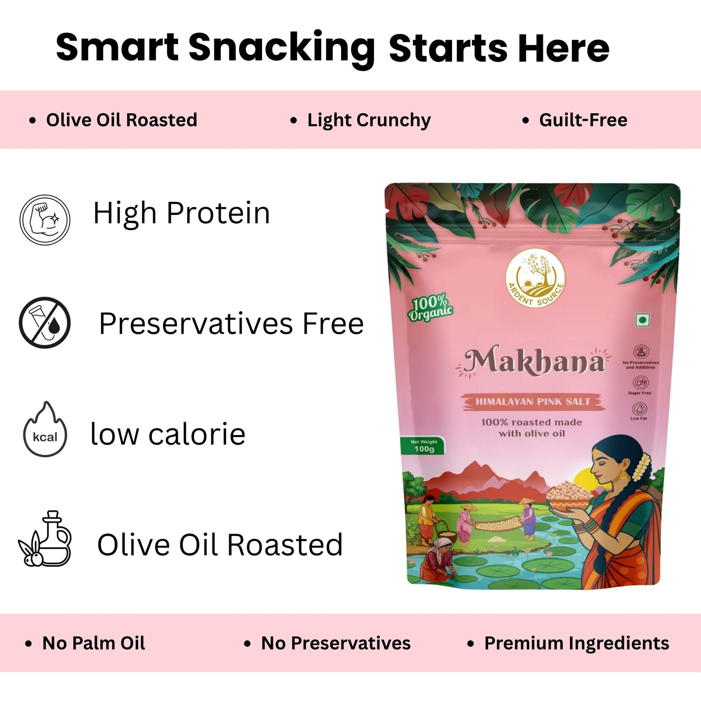 Roasted Makhana (Fox Nuts) - Healthy Snacks, Low-Calorie, High-Protein Makhana Snacks, Gluten-Free Makhana: Natural Superfood Snack | 100gm