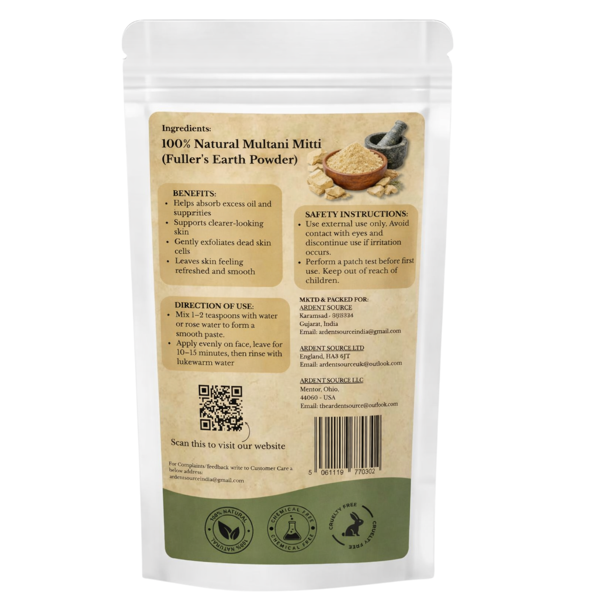 Multani Mitti Powder 100gm,Fullers Earth Indian Healing Clay Mud Masks, Finest Multani Mitti Powder