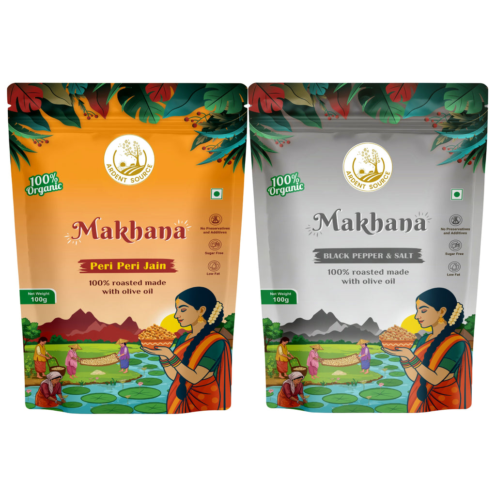 Flavoured Makhana Combo (Peri Peri Jain & Black Pepper and Salt),Healthy Party Snacks, Namkeen Flavour for Lotus Seeds Phool Makhana and Puffed Kernels, Tasty & Nutritious, Pack Of 2 | 200gm