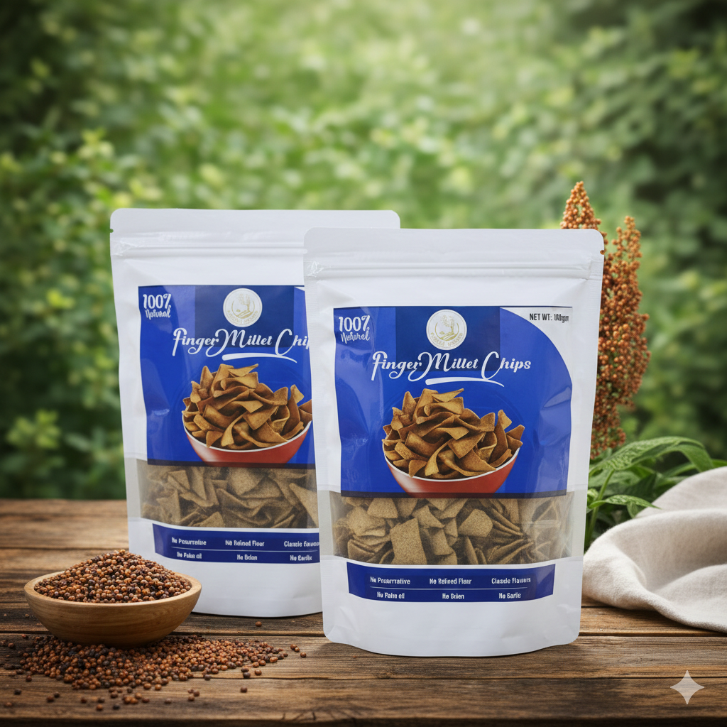 Baked Ragi Chips (Crisps), 100 % Baked, Not Fried, Zero Trans-Fat, Vacuum Cooked, Cholesterol Free, Gluten Free, No Preservatives, No Sugar, No Chemicals, No Artificial Flavours