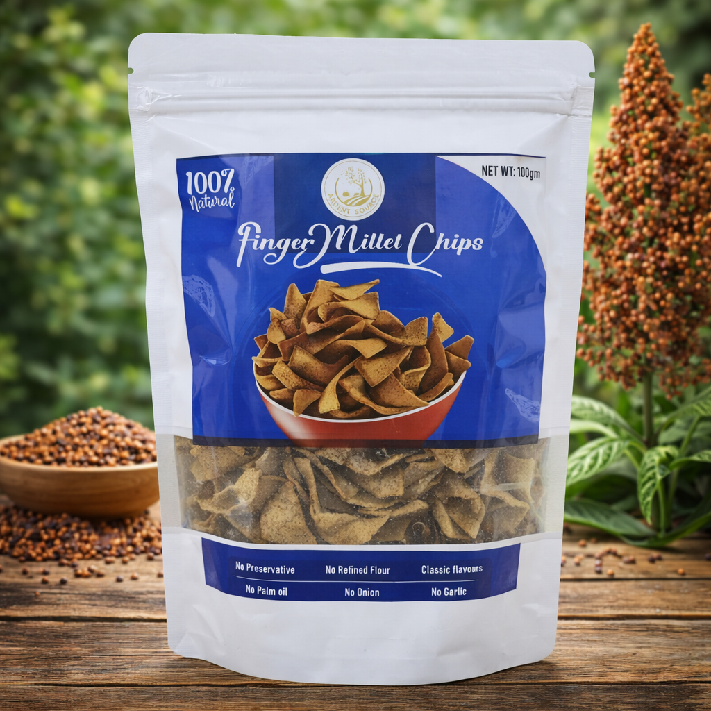 Baked Ragi Chips (Crisps), 100 % Baked, Not Fried, Zero Trans-Fat, Vacuum Cooked, Cholesterol Free, Gluten Free, No Preservatives, No Sugar, No Chemicals, No Artificial Flavours