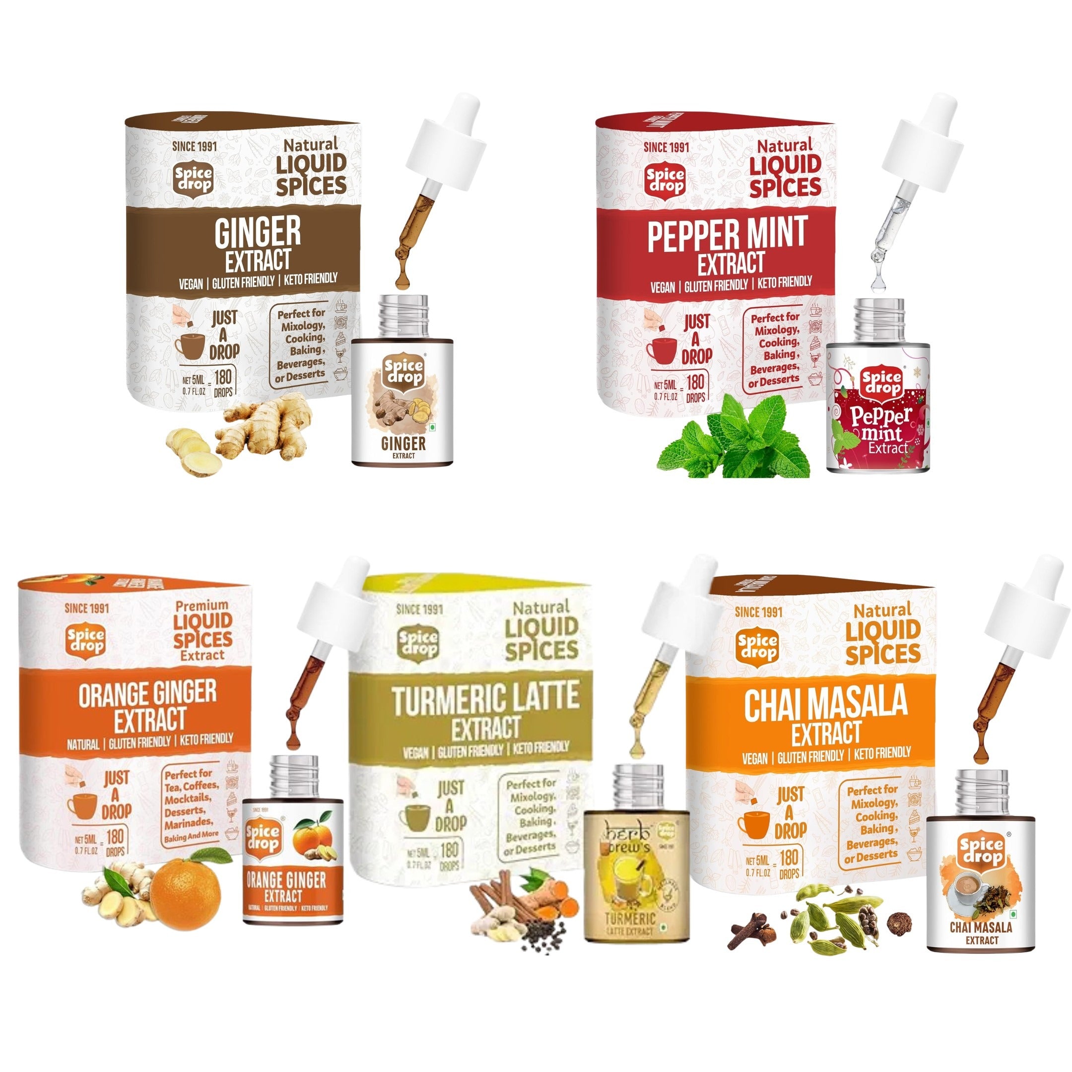 Natural Herbal Extracts 5ml – Ginger, Ginger Orange, Turmeric Latte, Chai Masala & Peppermint